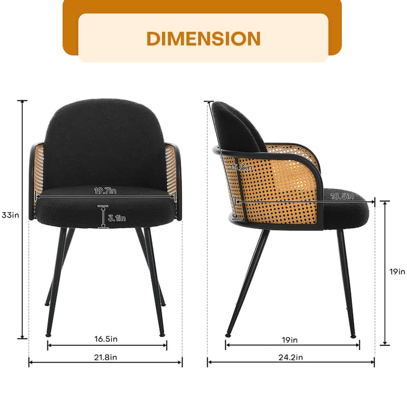 Upholstered Rattan Dining Chairs Set of 2, Arm Side Chair - 21.8" W x 24.2" D x 33" H