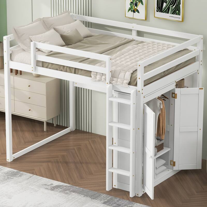 Full Size Loft Bed with Built-in Wardrobe and Storage Shelves, Modern Kids Teens Wood Bed Frame with Led Light