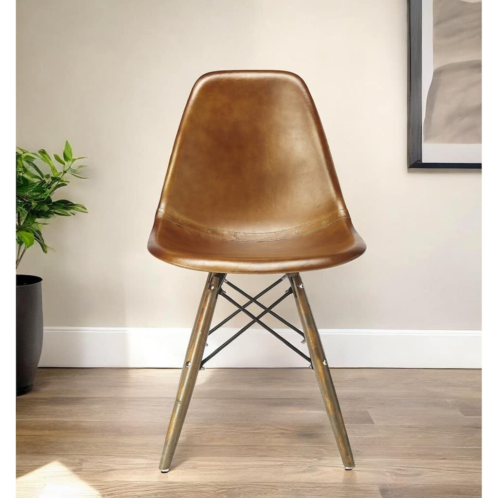 Modern Faux Leather Side Chair with Copper Legs and Brown Upholstery - 18” x 16” x 32”