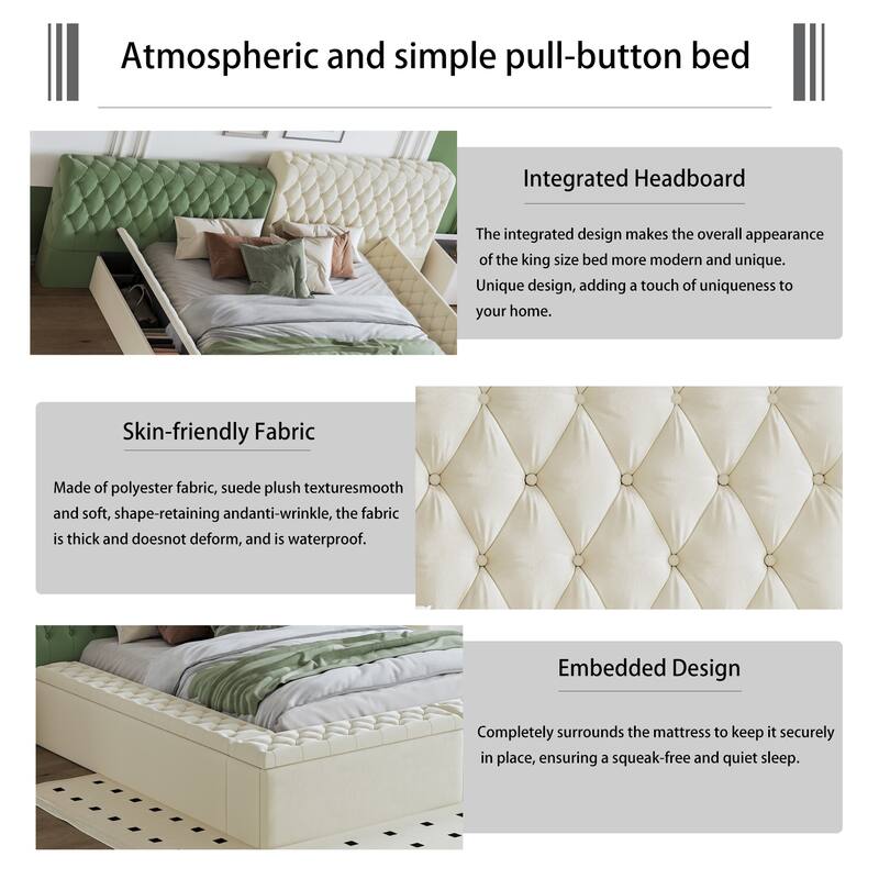 Beige King Size Special-shaped Fully Upholstered Platform Bed with Deep Button Tufting and Storage