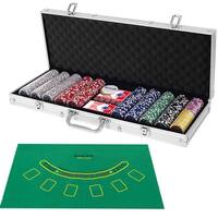 Costway Poker Chip Set 500 Dice Chips Texas Hold'em Cards with Silver Aluminum Case - as pic
