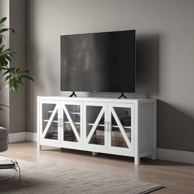 Farmhouse TV Stand for TVs up to 58" with Adjustable Shelves, 4 Glass Doors, Cable Management, and Anti-Tip Safety