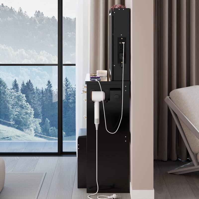 37" Middle Size Left Bedside Cabinet Vanity Table + Cushioned Stool Dresser Set, 2 AC+2 USB Socket, Hair Dryer Stand