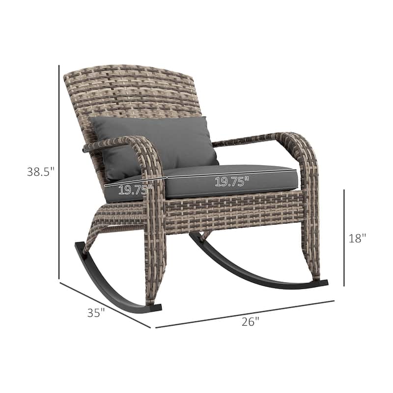 Outsunny Outdoor Wicker Adirondack Rocking Chair, Patio Rattan Rocker Chair with High Back, Seat Cushion, and Pillow for Garden
