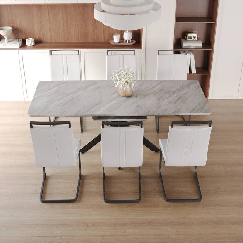 Modern Dining Set with Rectangular Extendable Table & C-shaped Tube Soft Padded Armless Chairs