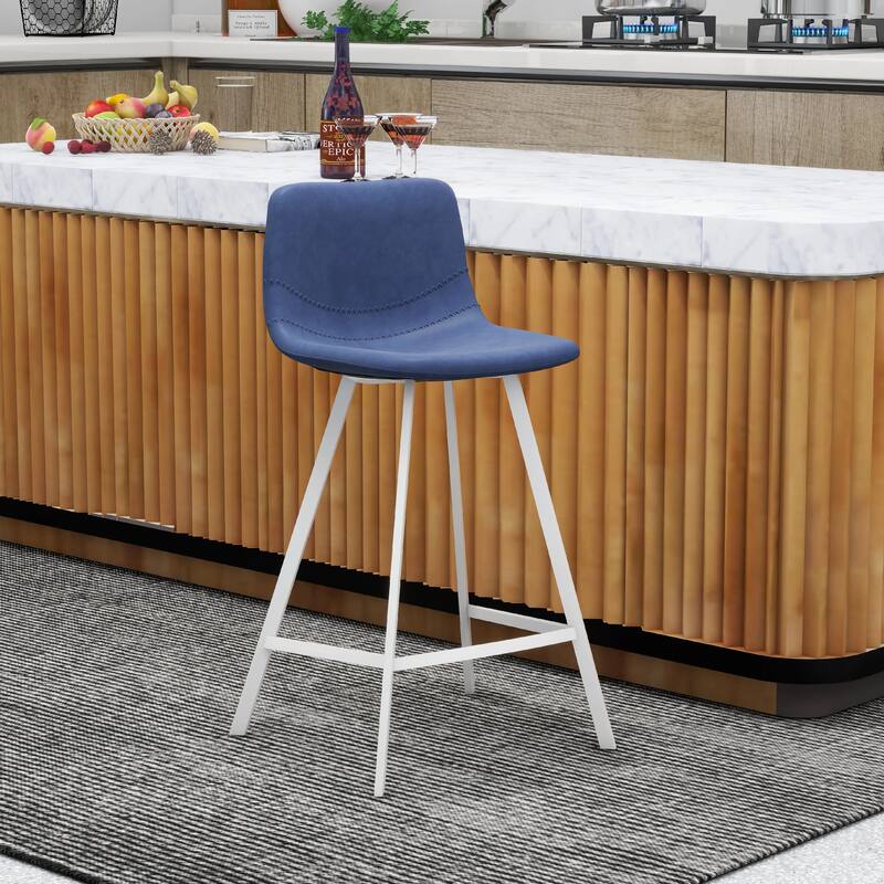 Elland Leather Bar Stool - Modern Counter Height Stool with White Stainless Steel Legs for Kitchen Island or Home Bar Set of 2