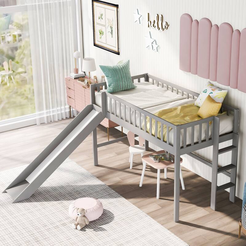 Low Loft Bed with Ladder and Slide, Solid Wood Loft Bed Frame with Full-Length Guardrail for Boys or Girls, No Box Spring Needed