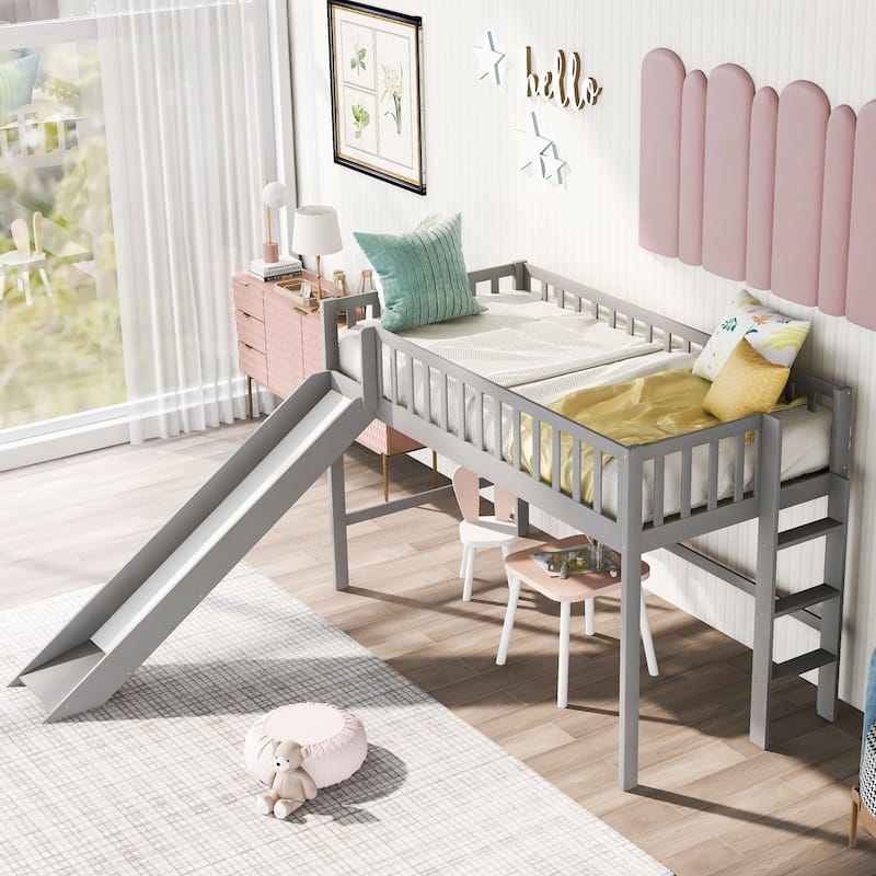 Twin Size Low Loft Bed with Ladder and Slide