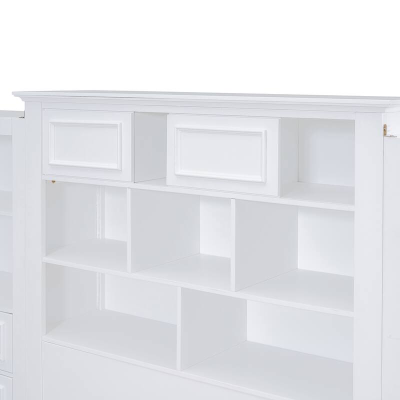 Twin Size White Wood Platform Bed with Vertical Cabinet and 8 Drawers
