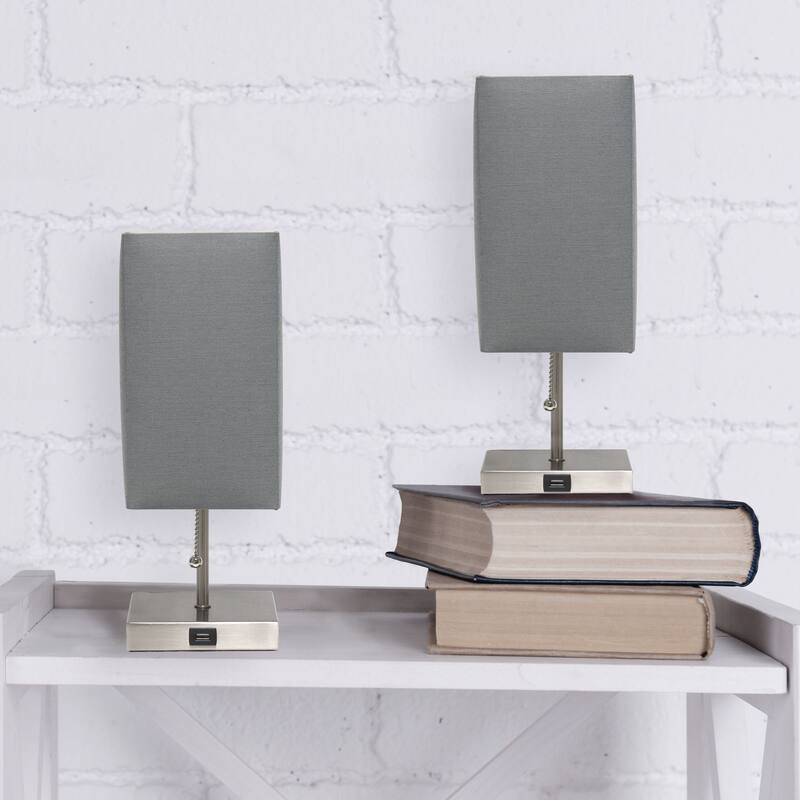 Simple Designs Petite Stick Lamp with USB Charging Port and Fabric Shade 2 Pack Set - 5 x 5 x 14.25 (L x W x H)