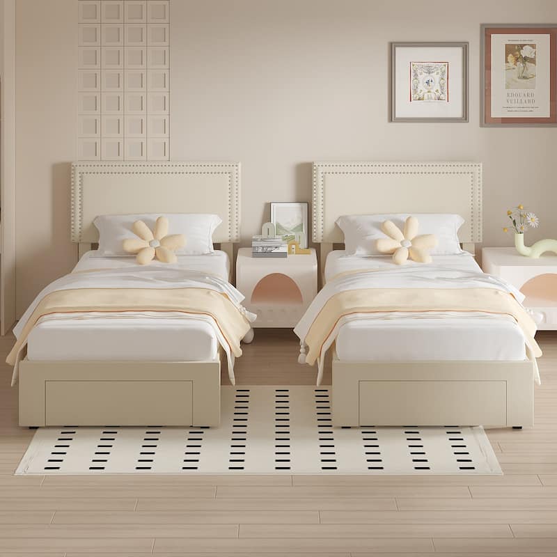 VECELO Set of 2 Twin Beds with Rolling Underbed Drawer Height Adjustable Headboard Rivet-Trimmed Headboard Twin Beds - Beige