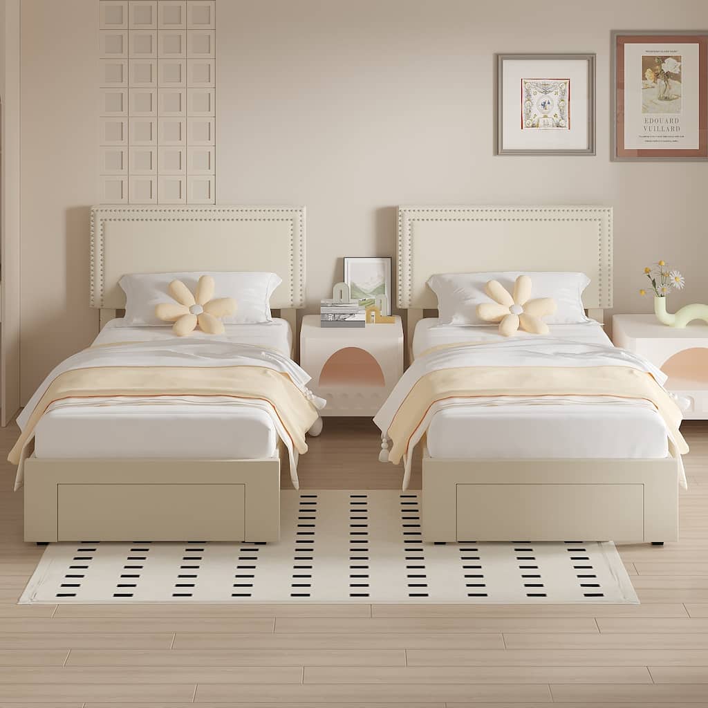 VECELO Set of 2 Twin Beds with Rolling Underbed Drawer Height Adjustable Headboard Rivet-Trimmed Headboard Twin Beds