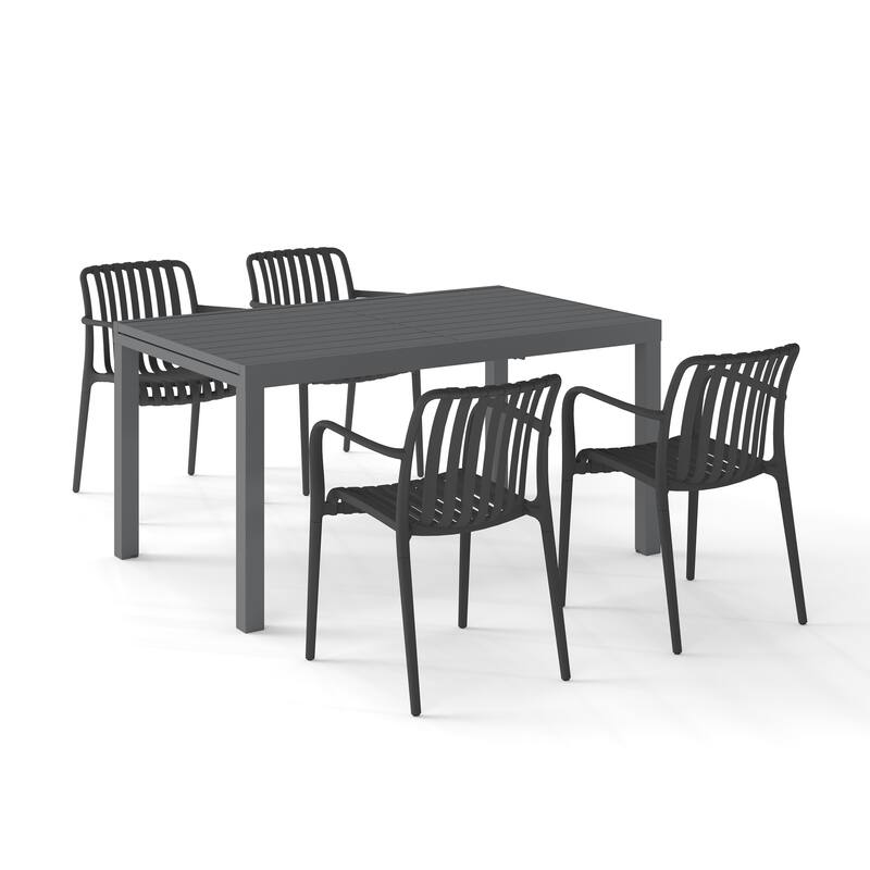 Outdoor Dining Set 5-Piece Stackable Plastic Lightweight Dining Armchair and Extendable Dining Table
