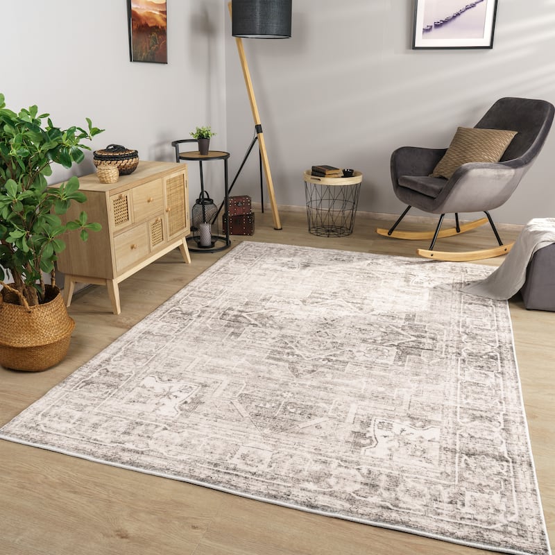 Modern Area Rug Bordered Classic Design in Vintage Look - beige - 5'3" x 7'3"