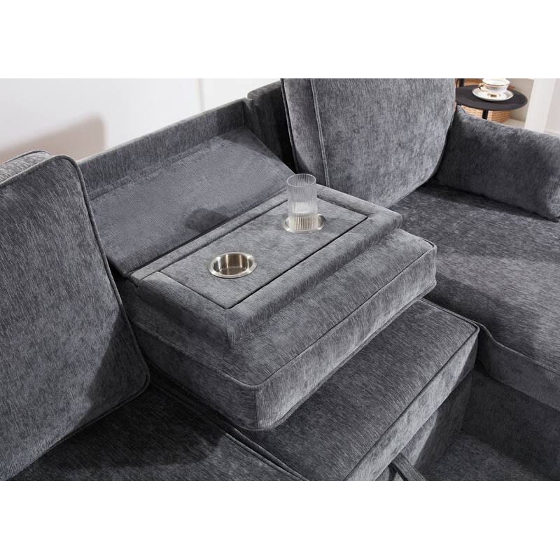 Emmy 89"W Dark Gray Fabric Sleeper Sectional Sofa with Reversible Storage Chaise, USB & USB-C Charging Ports, Cupholders