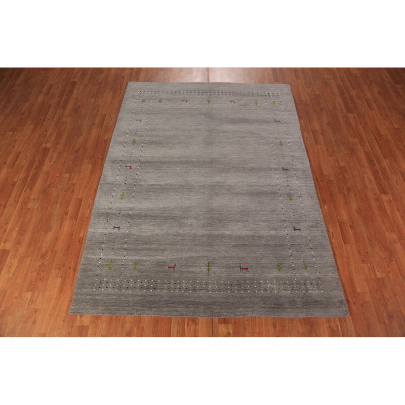 Tribal Gabbeh Oriental Area Rug Handmade Grey Modern Wool Carpet - 5'8" x 7'10"