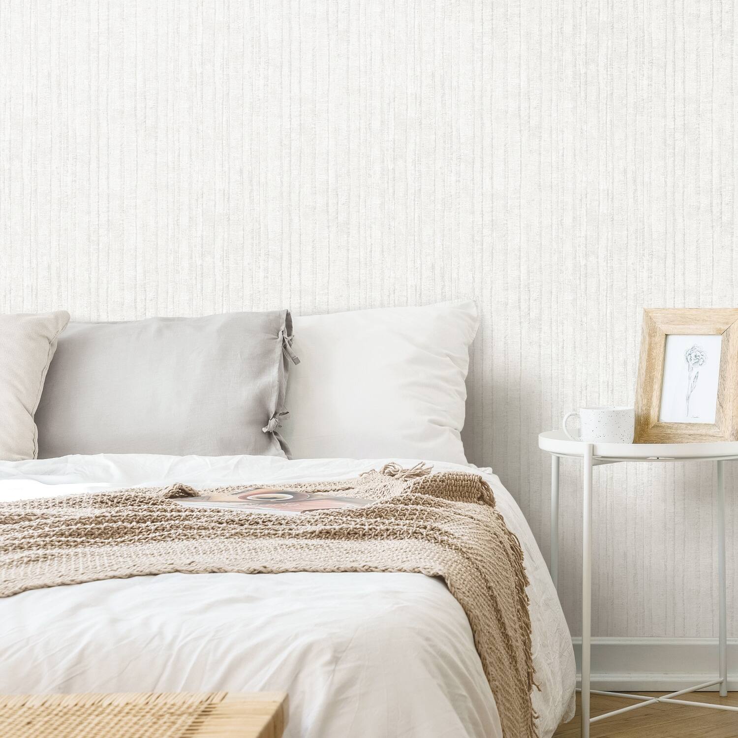 RoomMates White Crackled Stria Texture Peel and Stick Wallpaper Bed