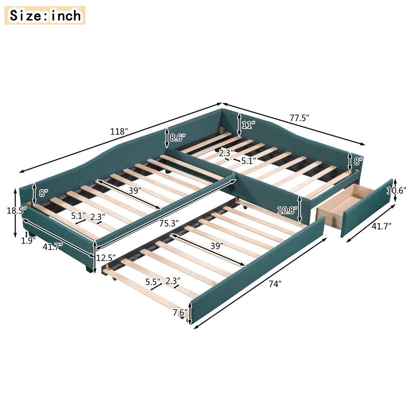 Linen Twin Size Daybed with Pull-Out Trundle and Storage Drawer for Small Spaces