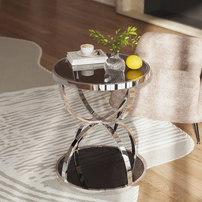 Modern 2 Tiers Glass Coffee Table with Ring-Shaped Metal Frames