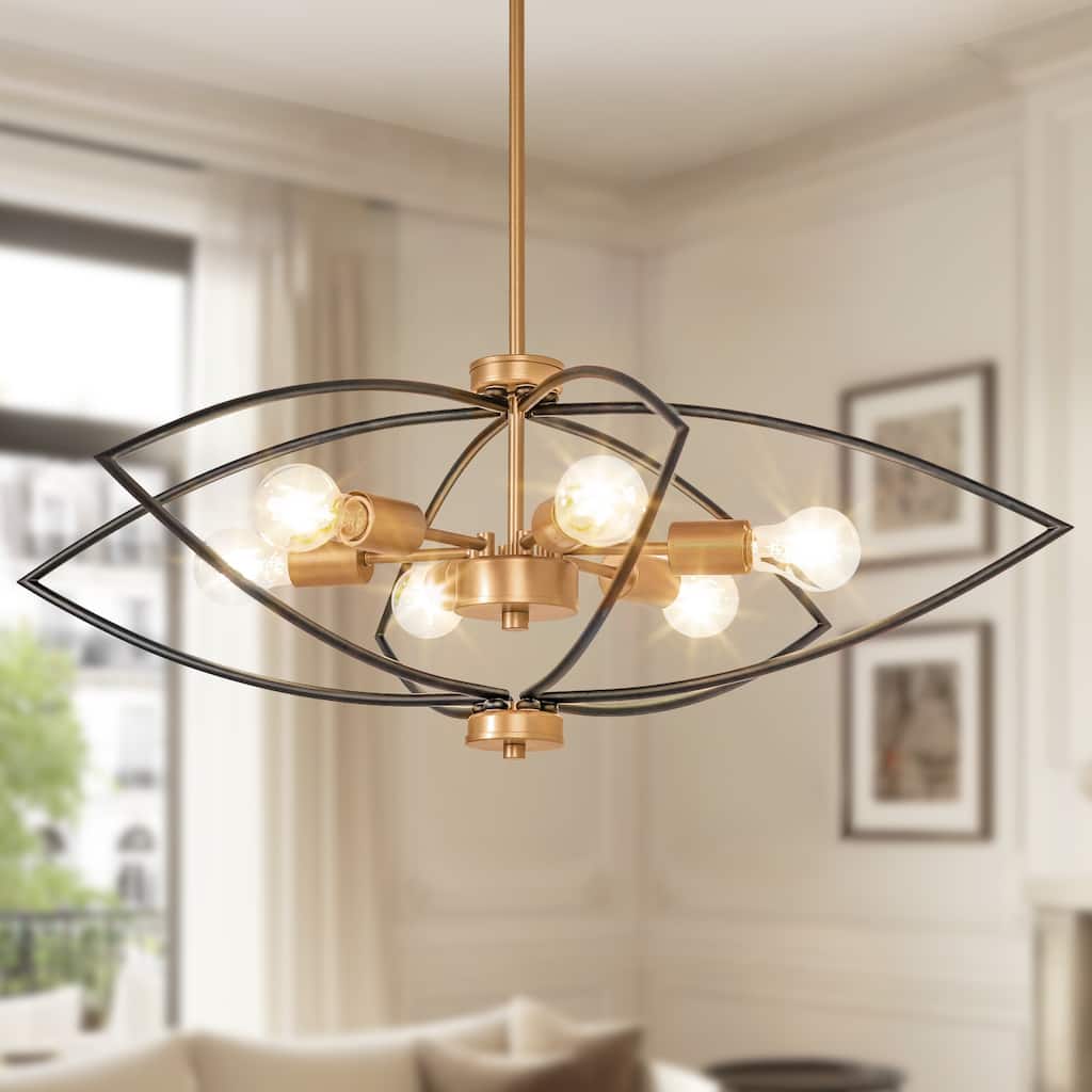 Modern 6-Light Black Gold Chandelier Metal Geometric Lights for Dining Living Foyer Spaces - D 31.5" x H 11.8"