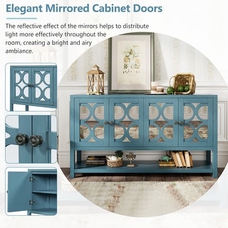 Antique Navy Sideboard Console Table, Storage Cabinet Display Case w/ Mirrored Doors & Open Storage Shelf for Living Dining Room