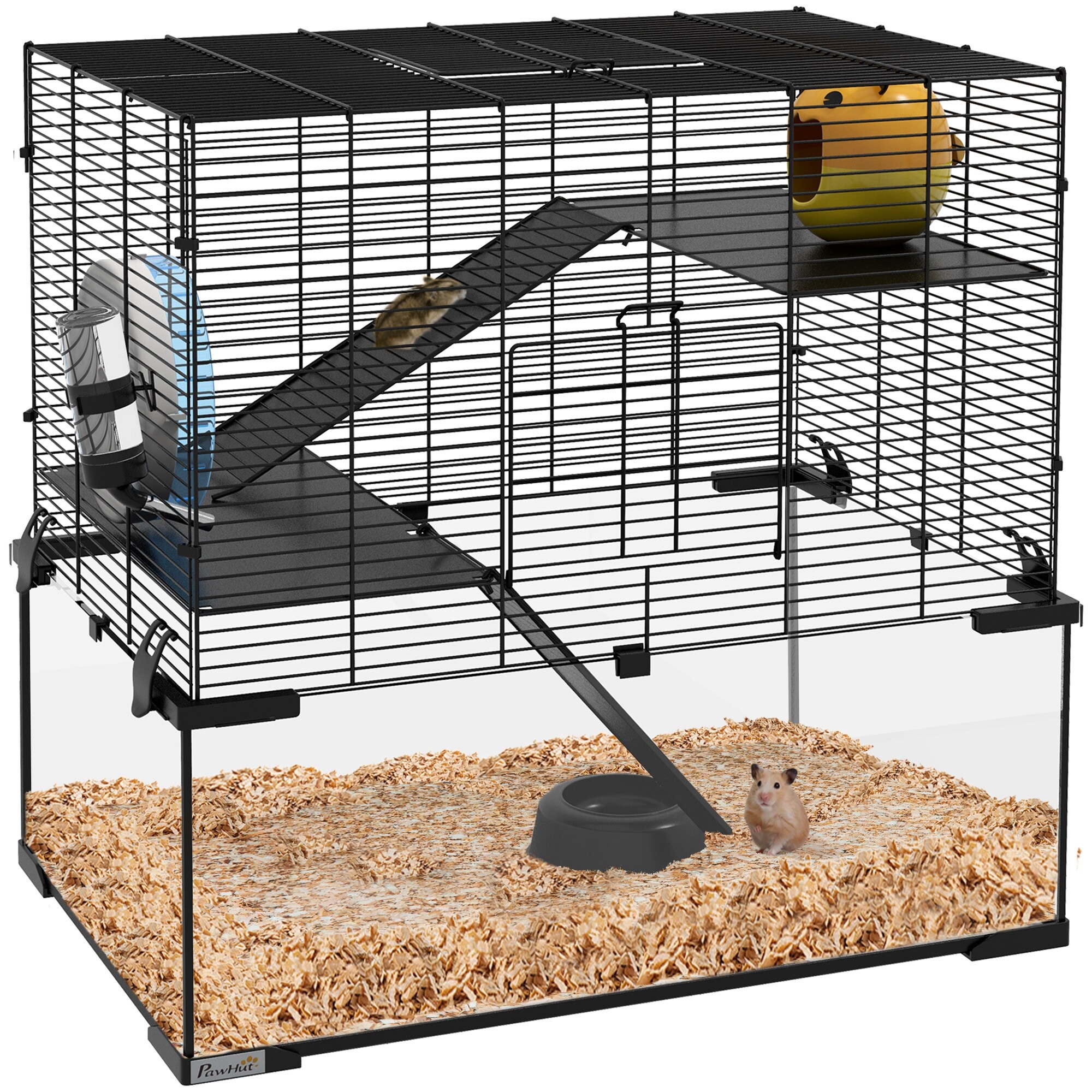 PawHut Large Hamster Cage with Deep Tempered Glass Bottom, 3 Tiers Hamster Tank with Running Wheel, Hut, Water Bottle, Dish