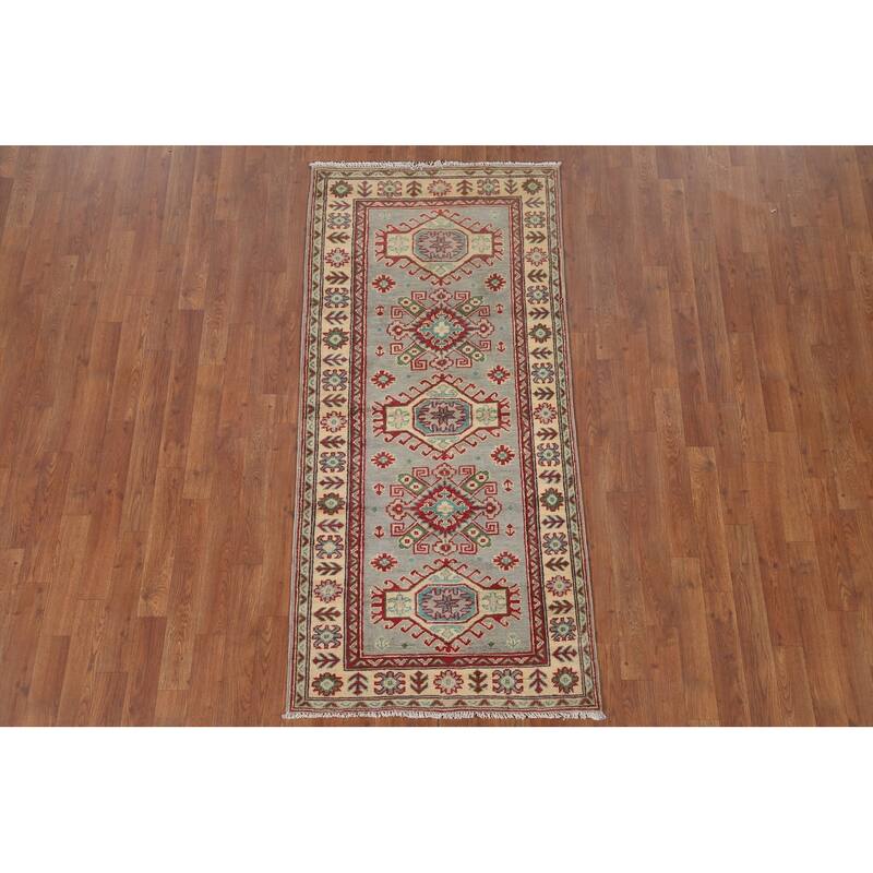 Hand Knotted Oriental 100% Wool Carpet Traditional Geometric Greys & Charcoal Kazak Area Rug - 6' 0'' X 2' 9''
