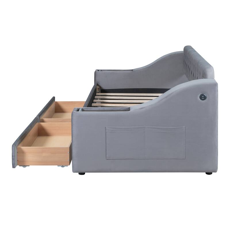 Twin Size Upholstered Daybed w/ 2 Storage Armrests, Drawers, USB Ports