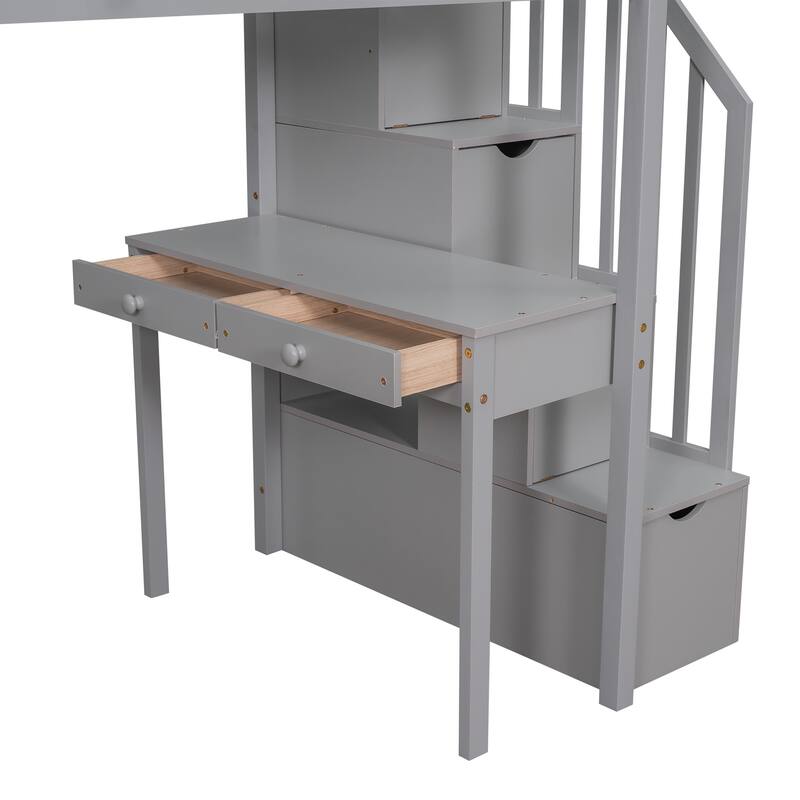 Twin Size Wooden Loft Bed with Storage Drawers, Desk, Stairs, and Shelves - Gray