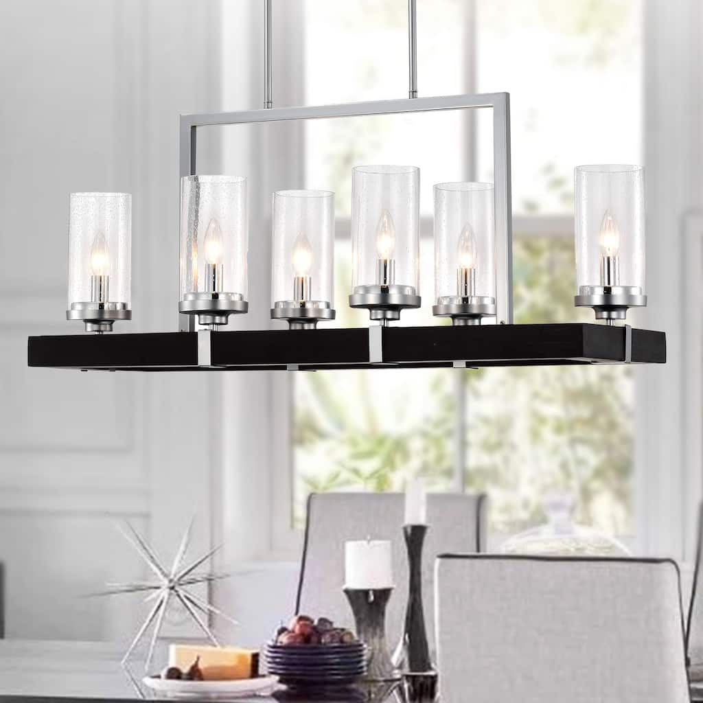 Wood and Metal 6-light Linear Chandelier with Seeded Glass Shades Silver / Black