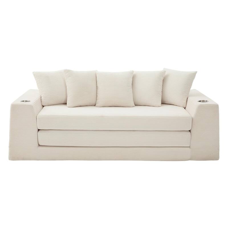 Modern Convertible Loveseat Sofa Bed, Corduroy Fabric Foldable Floor Couch w/5 Pillows, Side Pockets & Cup Holders, No Assembly