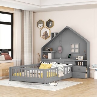 Full Kids House Bed with Shelves & a Set of Sockets and USB Port, Wood Montessori Floor Bed with Rails, Window & Bedside Drawers