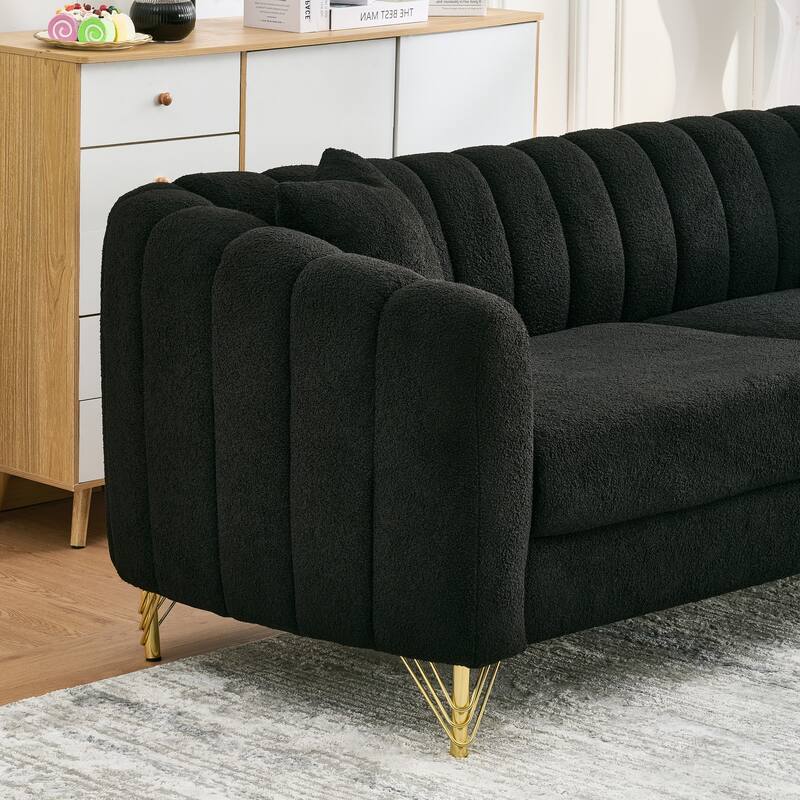Roomfitters 63" Modern Teddy Fabric Loveseat with Gold Legs, Channel Stitched 2-Seater Sofa for Small Spaces