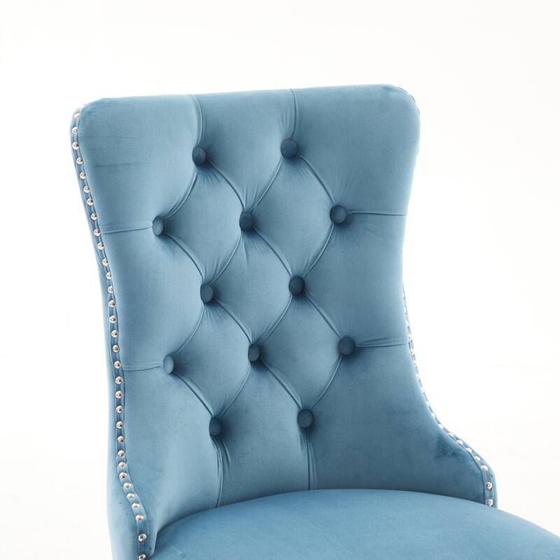 Modern Tufted Velvet Dining Chair with Chrome Stainless Steel Plating Legs and Nailhead Trim, for Dining Room, Light Blue