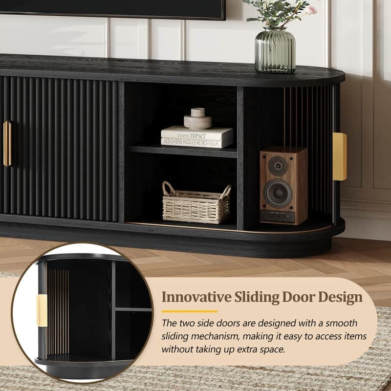 Farmhouse TV Stand with Sliding Tambour Door for 75-Inch TVs, Fluted Media Console with Adjustable Shelves and Golden Handles