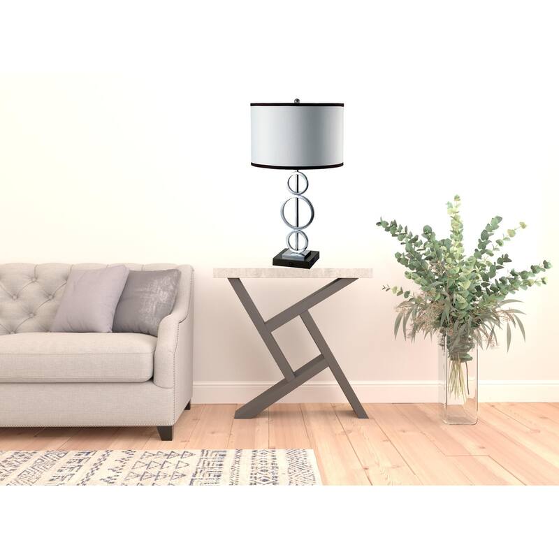 29" Silver Metal Bedside Geo Table Lamp With White and Black Trim Classic Drum Shade - 16 x 16 x 29