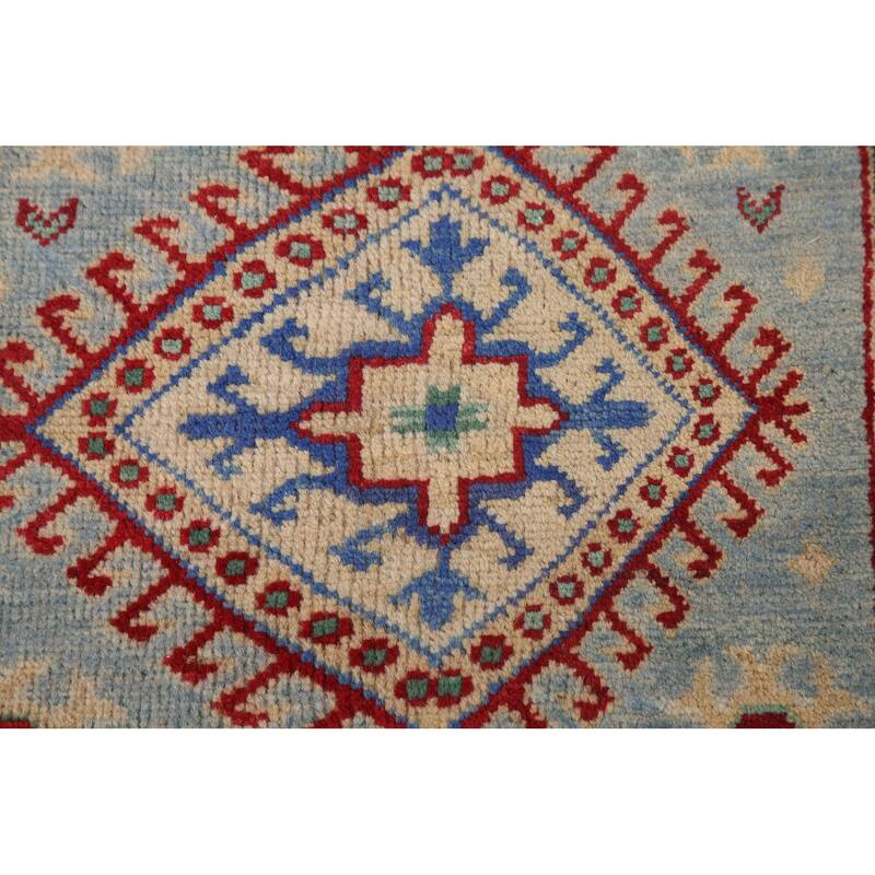 Light Blue Kazak Runner Rug Hand-Knotted Wool Carpet - 2'7" x 15'9"