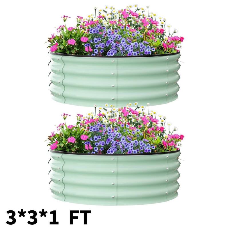 3x3x1ft Round Galvanized Raised Garden Bed, Planter Box for Vegetables, Flowers, Fruits - Green