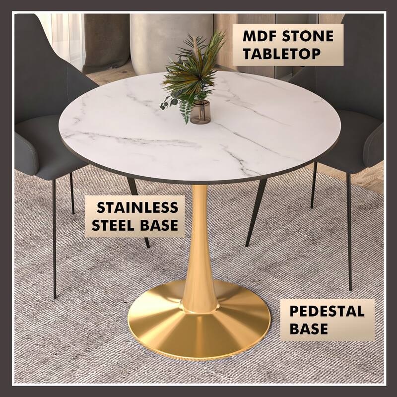 LeisureMod Bristol 31" Round Dining Table for 4 with MDF Wood Tabletop in Gold Steel Base for Kitchen & Dining Room