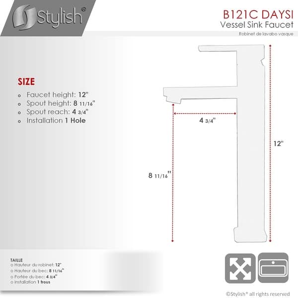 dimension image slide 2 of 3, Single Hole Single-Handle Vessel Bathroom Faucet - Faucet Height: 12" | Spout Height: 8 3/4"