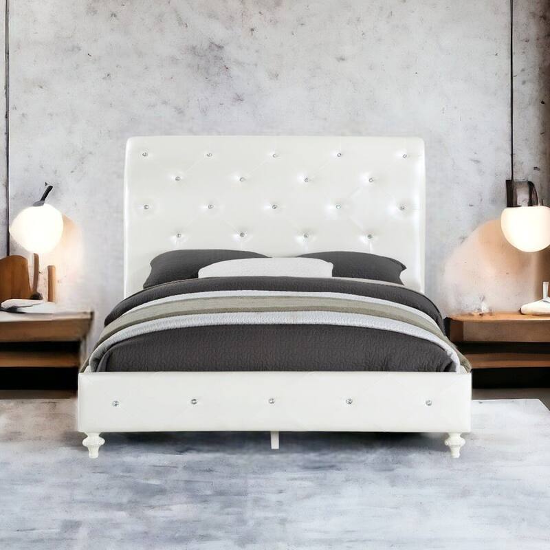 Faux Leather Upholstered Full Bed with Button Tufted in Pearl White