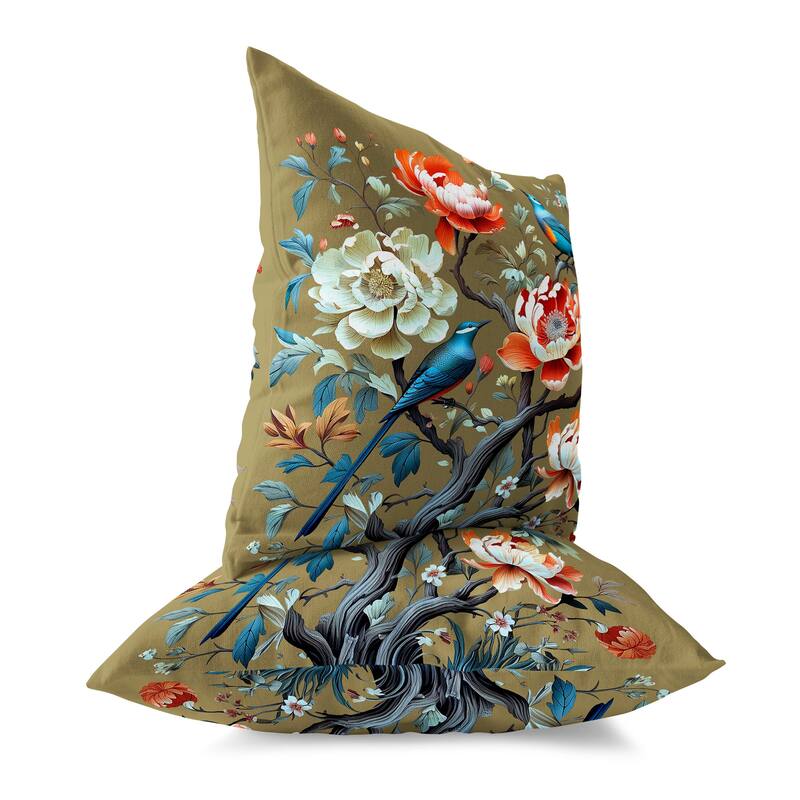 Botanical Bird Ensemble Broadcloth Pillow With Removable Cover in Blue Orange Green