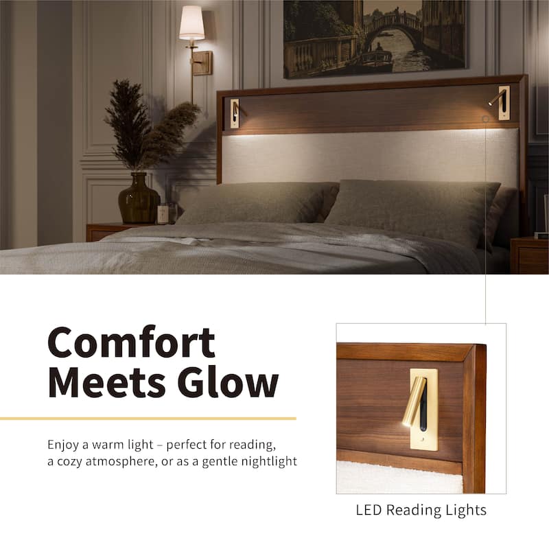Furniture of America Forma Mid-Century Modern Walnut Boucle Storage Platform Bed with LED Reading Light