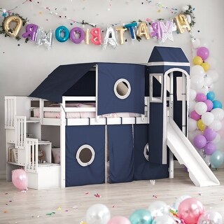 Twin Size Loft Bed with Tent and Tower, Beautiful Kid's Loft Bed, Elegance Unique Design Wood Full Size Loft Bed,Blue