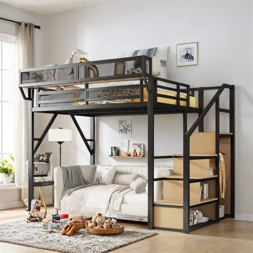Full Size Loft Bed with Stairs,Metal Full Loft Bed w/Storage Shelves