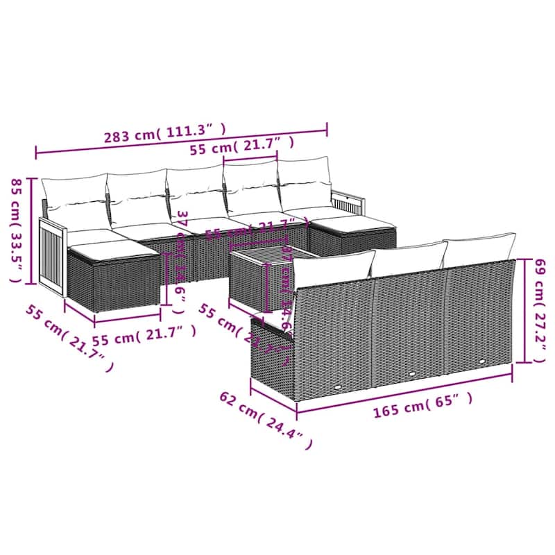 vidaXL Patio Sofa Set with Cushions Outdoor Conversation Furniture Poly Rattan - 21.7 x 21.7 x 14.6