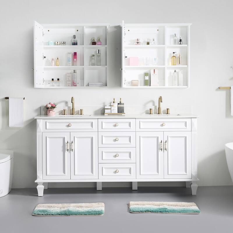 35'' H Solid Wood Bath Vanity with Stain-resistant Carrera White Quartz Top and Double Sink