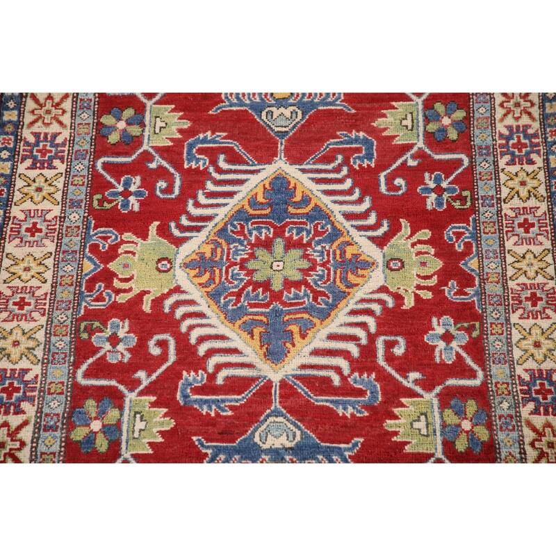 Geometric Red Kazak Oriental Rug Handmade Traditional Wool Carpet - 3'4"x 5'3"
