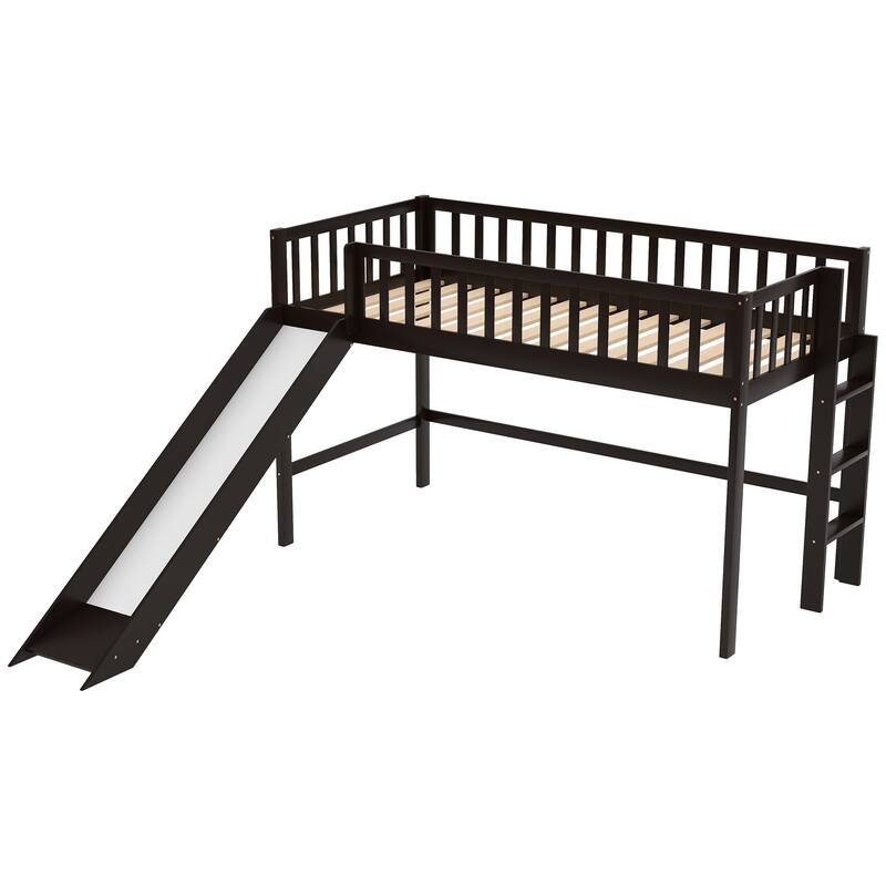 Low Loft Bed Kids Bed with Slide for Boys Girls, Loft Bed Toddler Bed with Ladder and Safety Guardrail Wood Slat Support