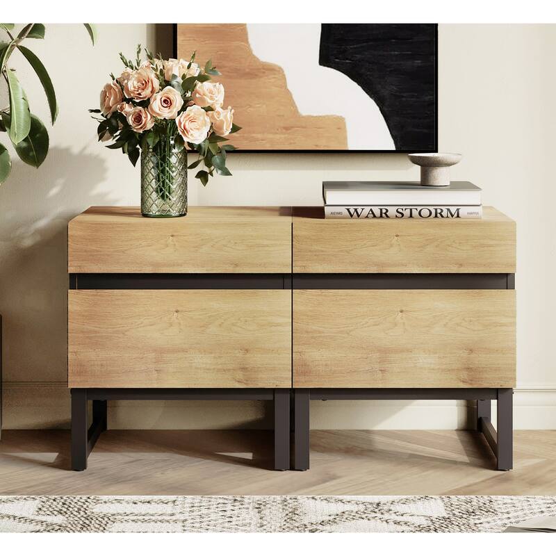 WAMPAT Modern Nightstand with 2 Drawers, Farmhouse BedsideTable with Black Square Iron Leg, Wood Rustic Side End Table